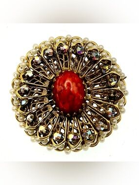 Vintage 1950s Gold Tone Filigree Brooch Pendant Red Cabochon AB Rhinestone MCM
